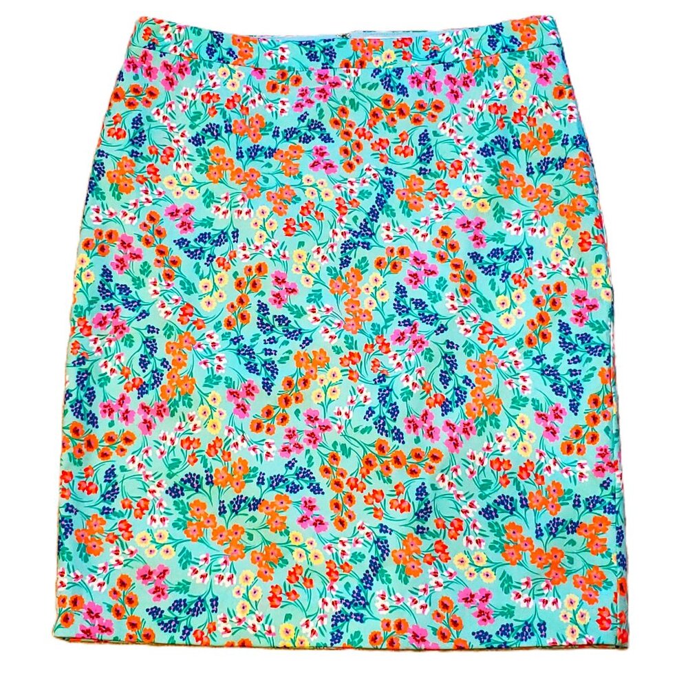 J. Crew Teal Floral Pencil Skirt Women's Sz 10 Lined Knee Length Cotton Stretch